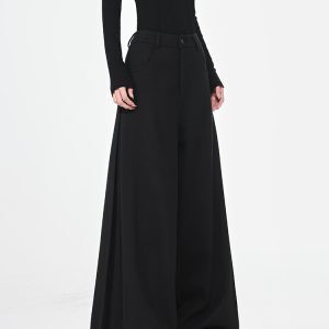 Black Thick Woolen Wide-Leg Suit Pants for Women - Autumn/Winter Floor-Length Trousers, Chic Fashion Essential