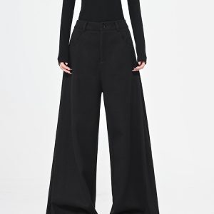 Black Thick Woolen Wide-Leg Suit Pants for Women - Autumn/Winter Floor-Length Trousers, Chic Fashion Essential