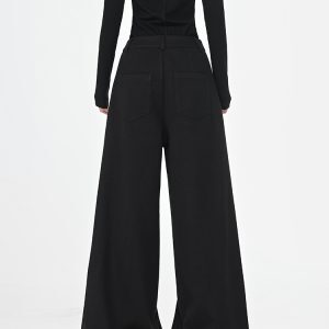Black Thick Woolen Wide-Leg Suit Pants for Women - Autumn/Winter Floor-Length Trousers, Chic Fashion Essential