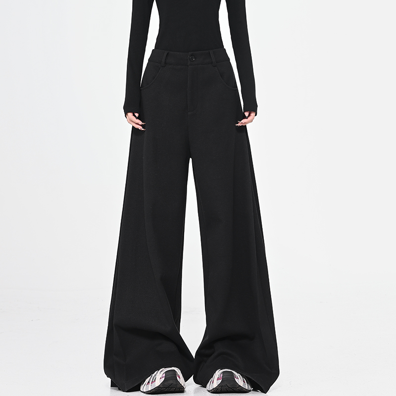 Black Thick Woolen Wide-Leg Suit Pants for Women - Autumn/Winter Floor-Length Trousers, Chic Fashion Essential