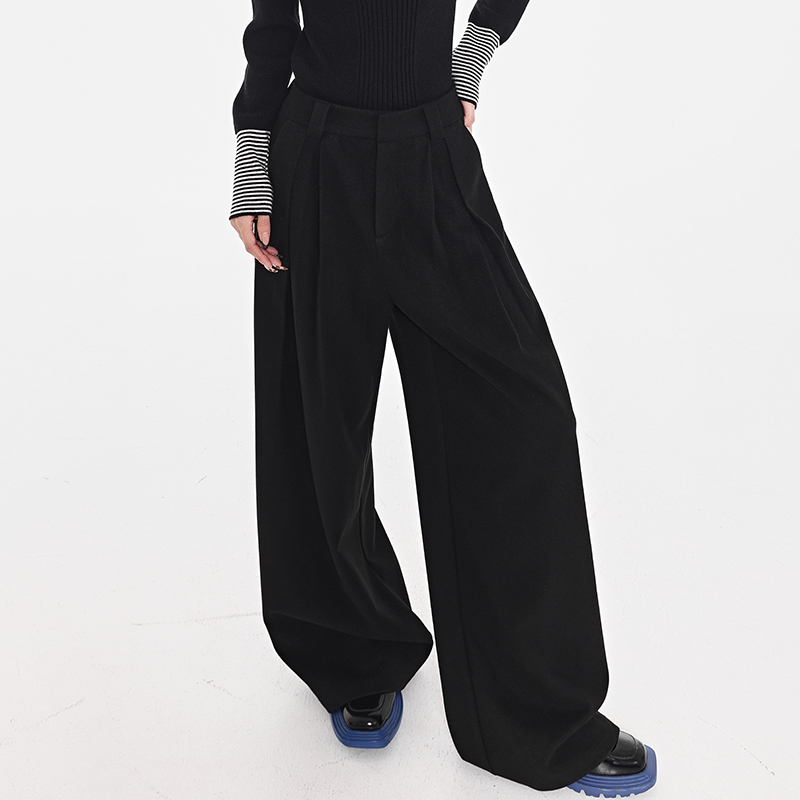 Black Thickened Woolen Wide-Leg Suit Pants for Women, Loose Slimming Fit, New Winter Style, Floor-Length, Trendy Fashion Essential