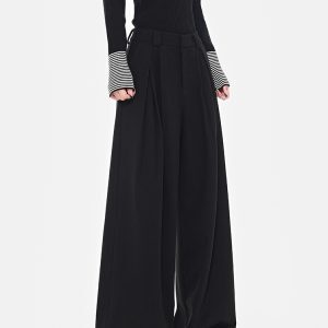 Black Thickened Woolen Wide-Leg Suit Pants for Women, Loose Slimming Fit, New Winter Style, Floor-Length, Trendy Fashion Essential