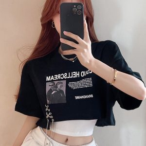 Black Two-Piece Short T-Shirt Set for Women, Sexy Jazz Top for K-Pop Dance Performance, Trendy Festival Outfit