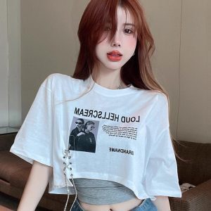 Black Two-Piece Short T-Shirt Set for Women, Sexy Jazz Top for K-Pop Dance Performance, Trendy Festival Outfit