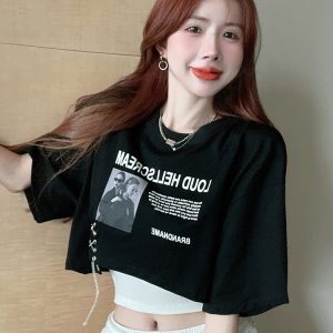 Black Two-Piece Short T-Shirt Set for Women, Sexy Jazz Top for K-Pop Dance Performance, Trendy Festival Outfit