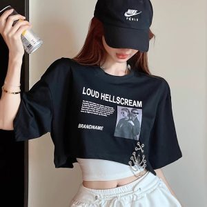 Black Two-Piece Short T-Shirt Set for Women, Sexy Jazz Top for K-Pop Dance Performance, Trendy Festival Outfit