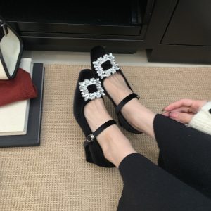 Black Velvet High Heels with Rhinestone Buckle – Elegant Combat Shoes for Women, Perfect for New Year and Chic Skirt Outfits