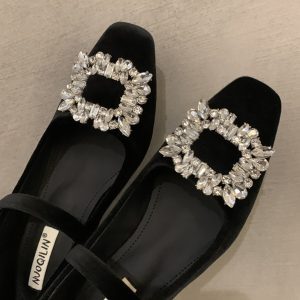 Black Velvet High Heels with Rhinestone Buckle – Elegant Combat Shoes for Women, Perfect for New Year and Chic Skirt Outfits