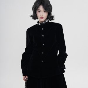 Black Velvet Round Neck Fleece Coat for Women - Korean Style High-End Loose Long Sleeve Winter Top
