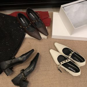 Black Vintage Mary Jane High Heels with Studded Chunky Heel - Elegant Women's Shoes for Spring & Autumn 2025, French Style