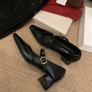 Black Vintage Mary Jane High Heels with Studded Chunky Heel - Elegant Women's Shoes for Spring & Autumn 2025, French Style