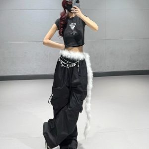 Black Vintage Short Slim Fit Shoulder T-Shirt for Women - 2025 Summer Hot Girl Printed Dance Short Sleeve Top, Y2K Style