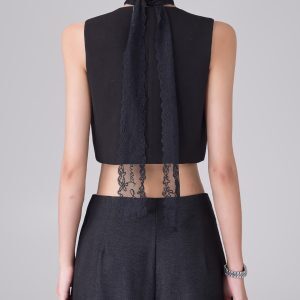 Black Vintage Style V-Neck Vest for Women - Summer Short Sleeveless Casual Top, Y2K Inspired Fashion