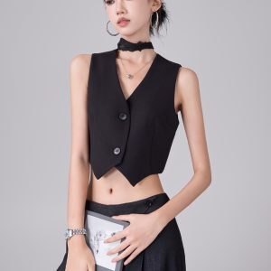 Black Vintage Style V-Neck Vest for Women - Summer Short Sleeveless Casual Top, Y2K Inspired Fashion