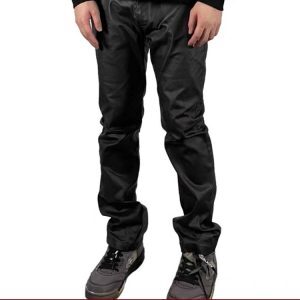 Black Waxed Coating Straight-Leg Jeans with Flared Slim Fit and Stacked Effect - Trendy Y2K Long Pants for Modern Style