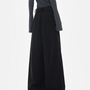 Black Wide-Leg Woolen Suit Pants for Women - Thick Casual Floor-Length Trousers for Autumn/Winter, Chic Designer Style
