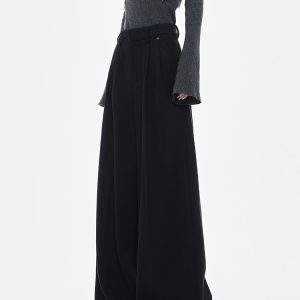 Black Wide-Leg Woolen Suit Pants for Women - Thick Casual Floor-Length Trousers for Autumn/Winter, Chic Designer Style