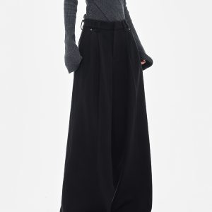Black Wide-Leg Woolen Suit Pants for Women - Thick Casual Floor-Length Trousers for Autumn/Winter, Chic Designer Style