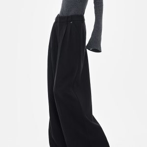 Black Wide-Leg Woolen Suit Pants for Women - Thick Casual Floor-Length Trousers for Autumn/Winter, Chic Designer Style