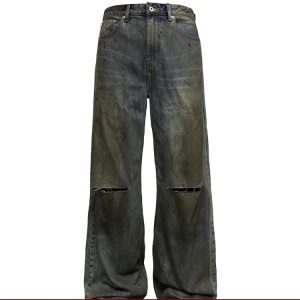 Bloodstained Knife-Cut Jeans - Heavy Wash Distressed Denim with Ink Splatter, Y2K Inspired Fashion