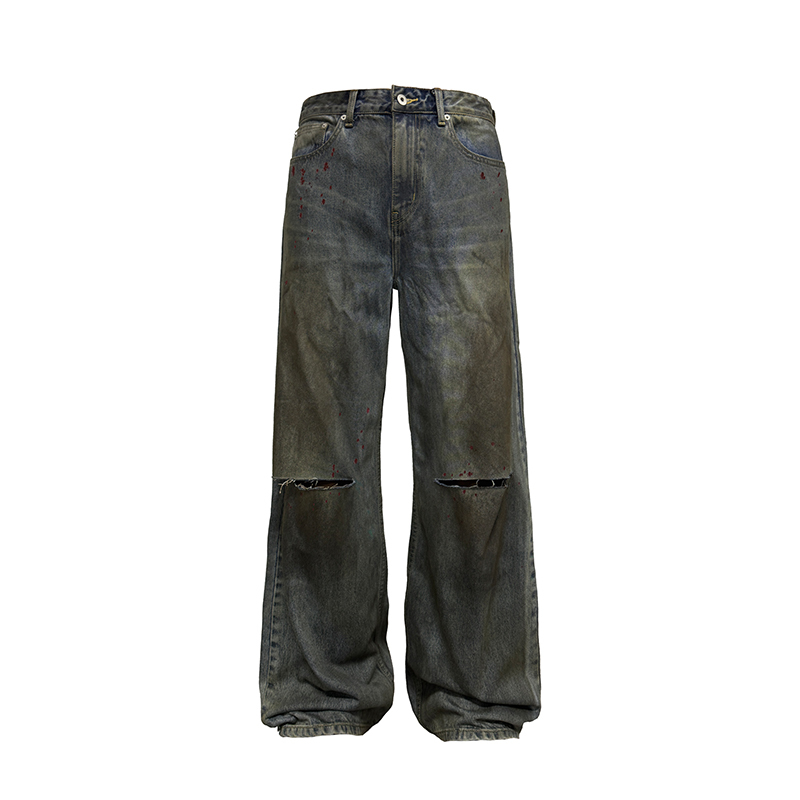 Bloodstained Knife-Cut Jeans - Heavy Wash Distressed Denim with Ink Splatter, Y2K Inspired Fashion