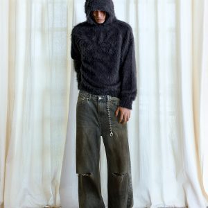 Bloodstained Knife-Cut Jeans - Heavy Wash Distressed Denim with Ink Splatter, Y2K Inspired Fashion