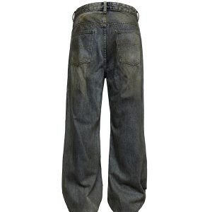 Bloodstained Knife-Cut Jeans - Heavy Wash Distressed Denim with Ink Splatter, Y2K Inspired Fashion
