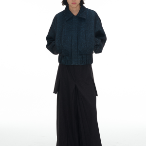 Blue Algae Wool Jacket - 70% Loop Wool, Pleated Waist, Curved Sleeve, Chic Outerwear, Perfect for Fall, Stylish Layering