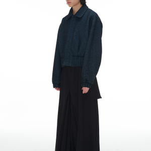 Blue Algae Wool Jacket - 70% Loop Wool, Pleated Waist, Curved Sleeve, Chic Outerwear, Perfect for Fall, Stylish Layering