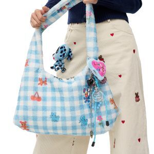 Blue and White Checkered Printed Plush Shoulder Tote Bag - Original Artist Design, Stylish Underarm Bag for Casual Chic Fashion