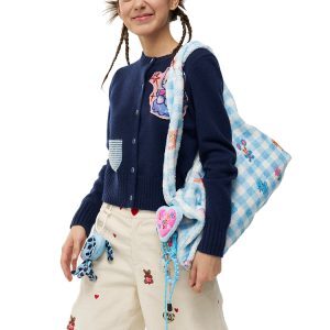 Blue and White Checkered Printed Plush Shoulder Tote Bag - Original Artist Design, Stylish Underarm Bag for Casual Chic Fashion