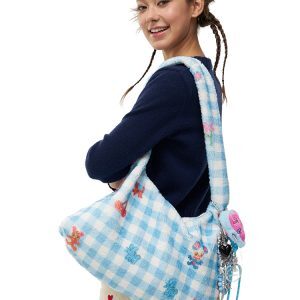 Blue and White Checkered Printed Plush Shoulder Tote Bag - Original Artist Design, Stylish Underarm Bag for Casual Chic Fashion
