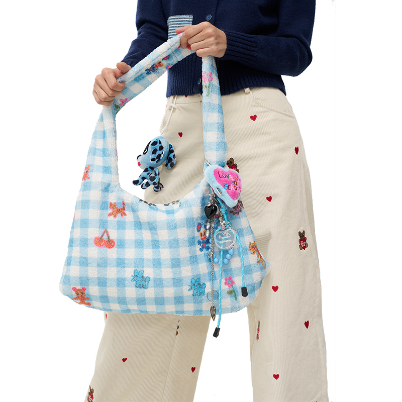 Blue and White Checkered Printed Plush Shoulder Tote Bag - Original Artist Design, Stylish Underarm Bag for Casual Chic Fashion