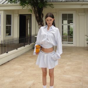 Blue and White Striped Lazy Design Shirt and Skirt Set - Casual 90s Inspired Co-Ord Outfit for Effortless Style