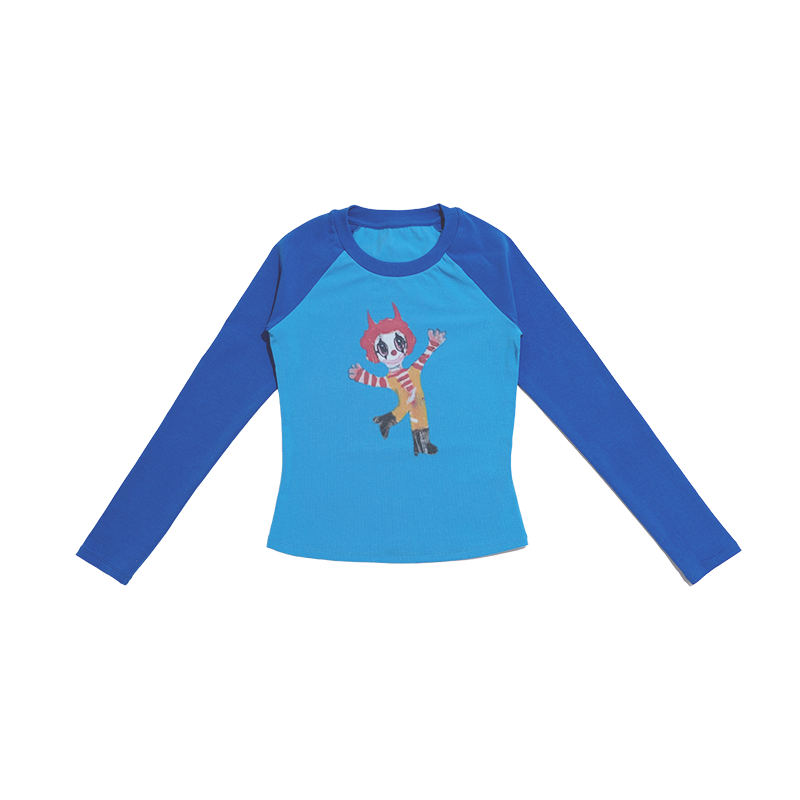 Blue Clown Print Raglan Long Sleeve T-Shirt - Artistic 90s Style Tee for Unique Streetwear Fashion