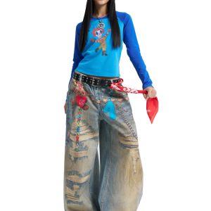 Blue Clown Print Raglan Long Sleeve T-Shirt - Artistic 90s Style Tee for Unique Streetwear Fashion