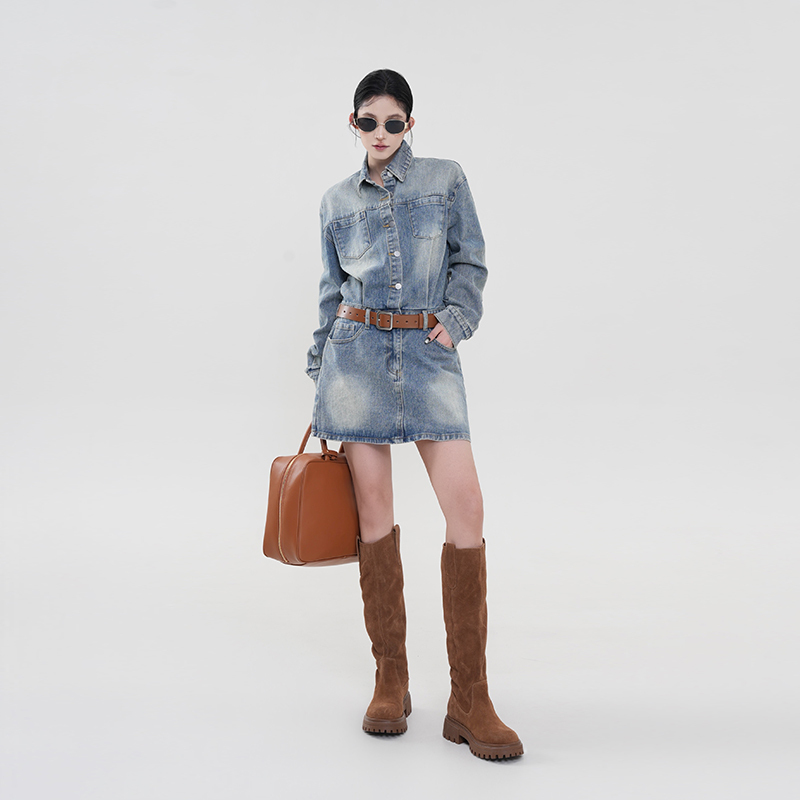 Blue Collar Long Sleeve Denim Dress for Women - Spring Korean Style Retro A-Line Bodycon Skirt