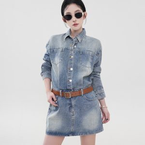 Blue Collar Long Sleeve Denim Dress for Women - Spring Korean Style Retro A-Line Bodycon Skirt
