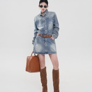 Blue Collar Long Sleeve Denim Dress for Women - Spring Korean Style Retro A-Line Bodycon Skirt