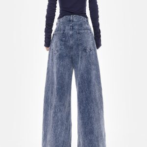 Blue Corduroy Wide-Leg Jeans for Women - High Waist Loose Fit Floor-Length Pants - Trendy Autumn/Winter Style