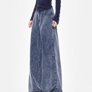 Blue Corduroy Wide-Leg Jeans for Women - High Waist Loose Fit Floor-Length Pants - Trendy Autumn/Winter Style