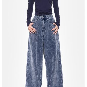 Blue Corduroy Wide-Leg Jeans for Women - High Waist Loose Fit Floor-Length Pants - Trendy Autumn/Winter Style