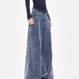 Blue Corduroy Wide-Leg Jeans for Women - High Waist Loose Fit Floor-Length Pants - Trendy Autumn/Winter Style