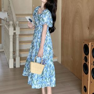Blue Floral Puff Sleeve Dress with Square Collar - French-Style Chiffon Vacation Dress for Women - Summer Relaxed Fit