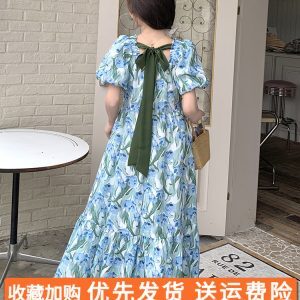 Blue Floral Puff Sleeve Dress with Square Collar - French-Style Chiffon Vacation Dress for Women - Summer Relaxed Fit
