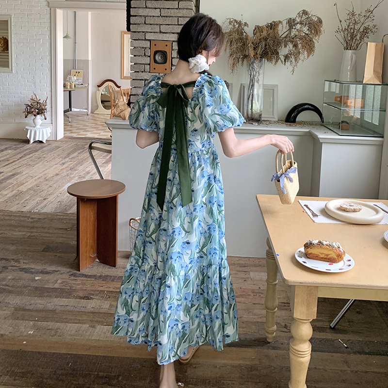 Blue Floral Puff Sleeve Dress with Square Collar - French-Style Chiffon Vacation Dress for Women - Summer Relaxed Fit