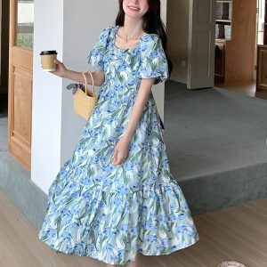 Blue Floral Puff Sleeve Dress with Square Collar - French-Style Chiffon Vacation Dress for Women - Summer Relaxed Fit