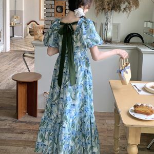Blue Floral Puff Sleeve Dress with Square Collar - French-Style Chiffon Vacation Dress for Women - Summer Relaxed Fit