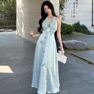 Blue Floral Satin Halter Dress with Butterfly Pearl Detail - French Style Summer Fairy Gown for Vacation