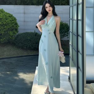 Blue Floral Satin Halter Dress with Butterfly Pearl Detail - French Style Summer Fairy Gown for Vacation